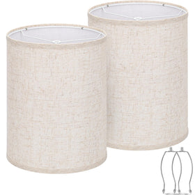 Seaside Village tall drum lamp shade in beige linen diffuses light for cozy spaces.