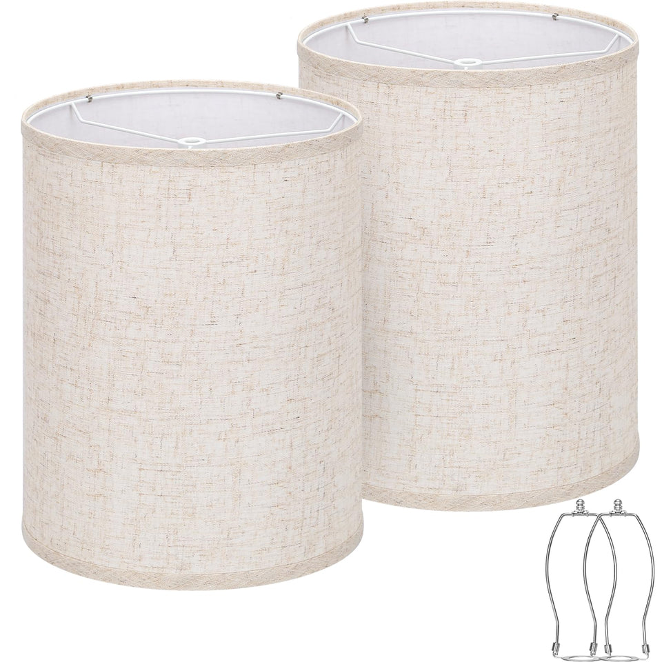 Seaside Village tall drum lamp shade in beige linen diffuses light for cozy spaces.