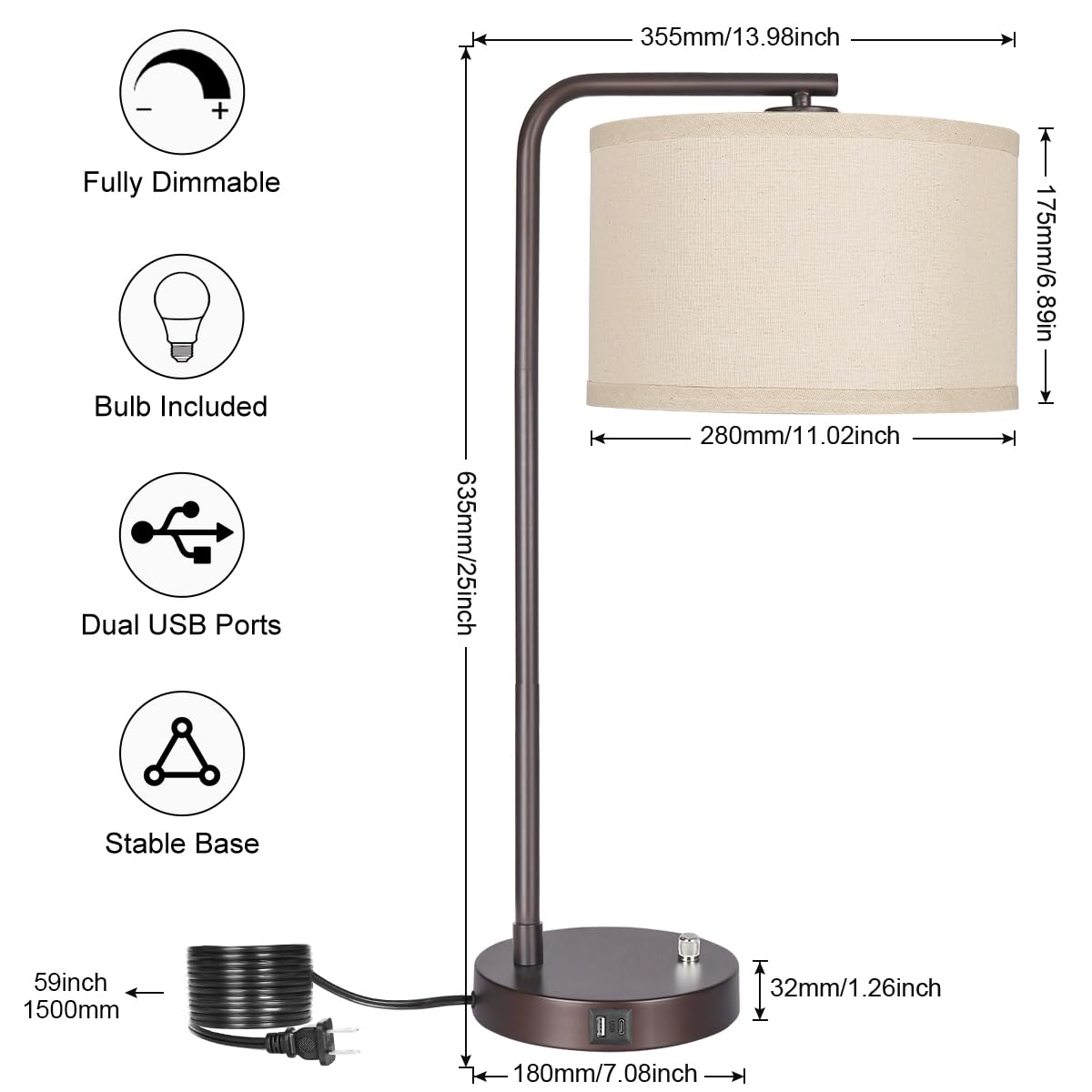 Seaside Village tall table lamp USB ports enable bedside charging.