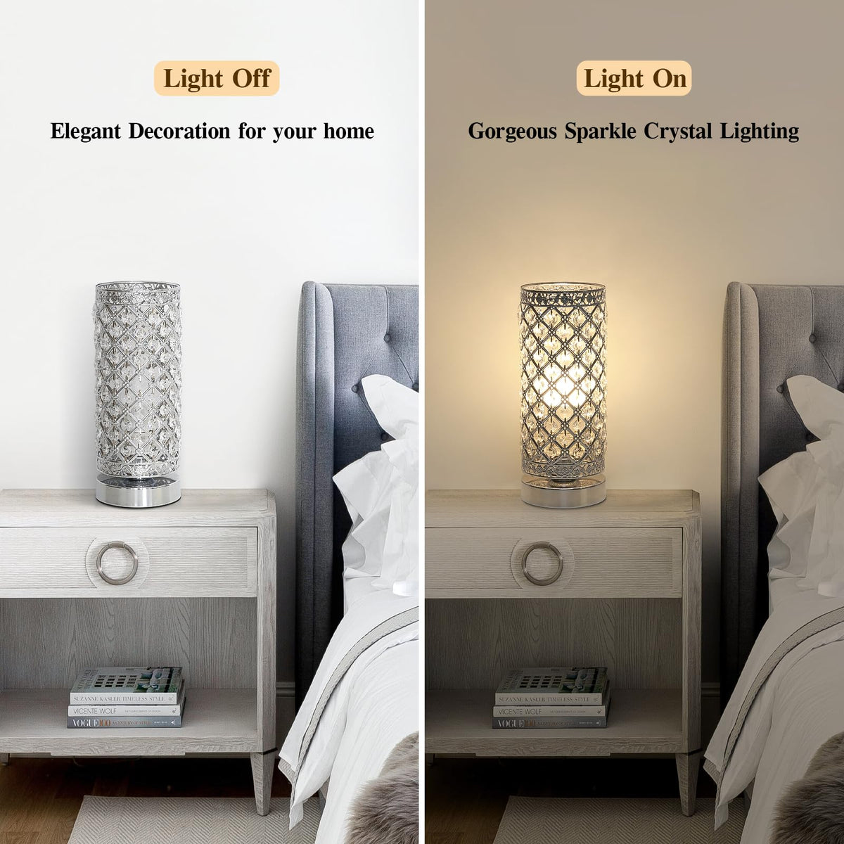 Seaside Village touch-control lamp highlights easy brightness adjustment near the bed.
