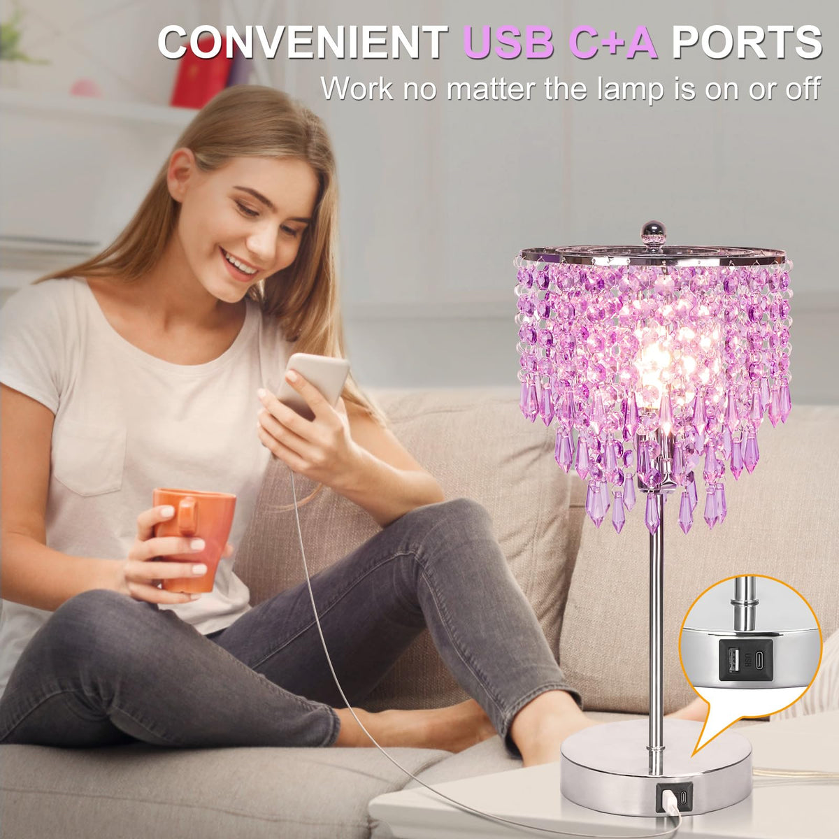 Seaside Village lamp includes dual USB ports for convenient charging