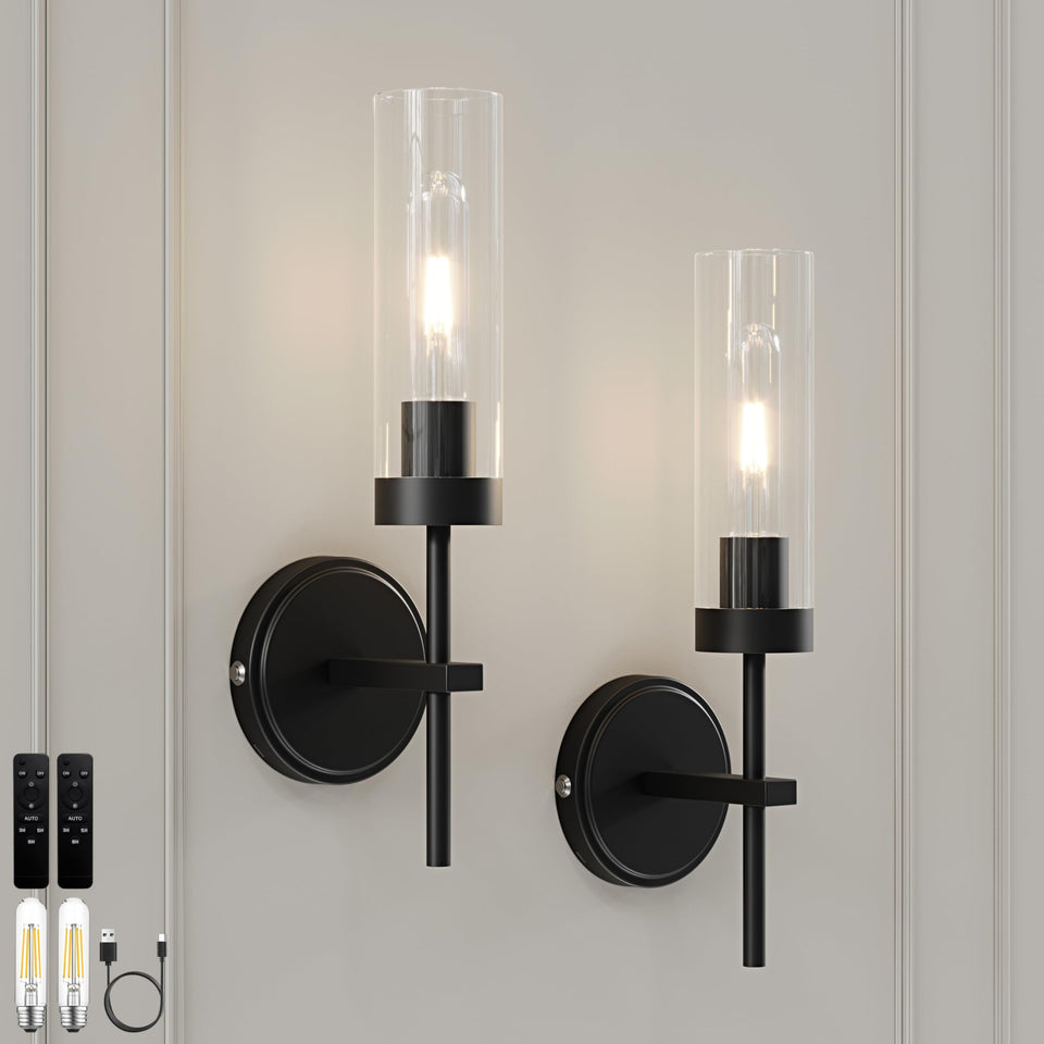 Seasonize black wall sconce pair mounted on wall for ambient hallway lighting.