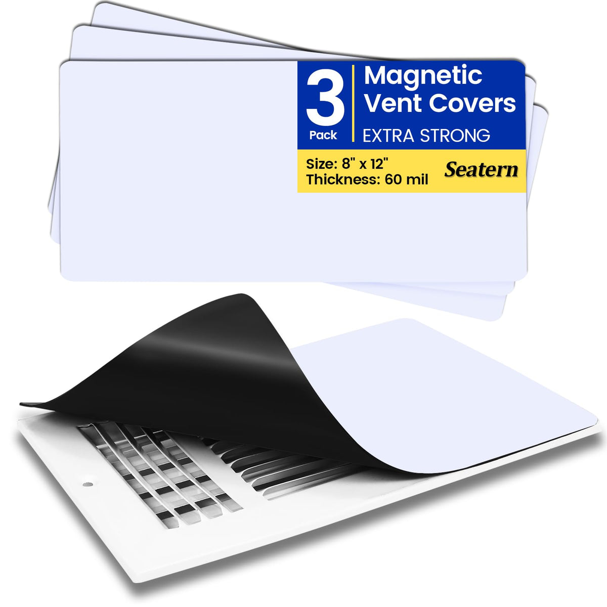Seatern magnetic vent cover on a white 8x12 floor register sealing airflow