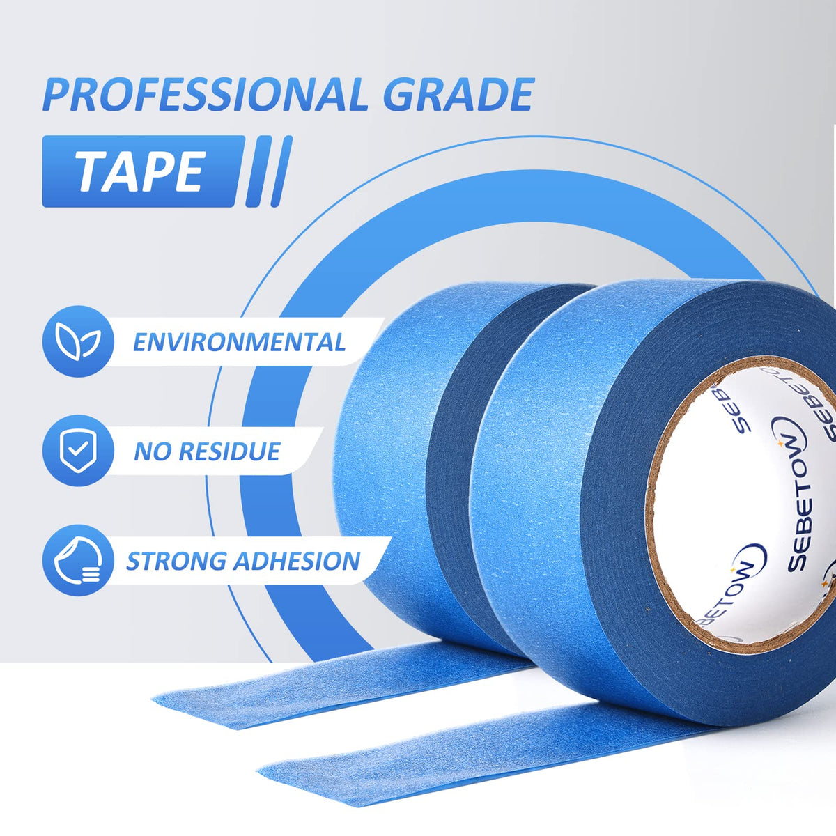 SEBETOW 2in blue tape roll ready for bulk painting projects.