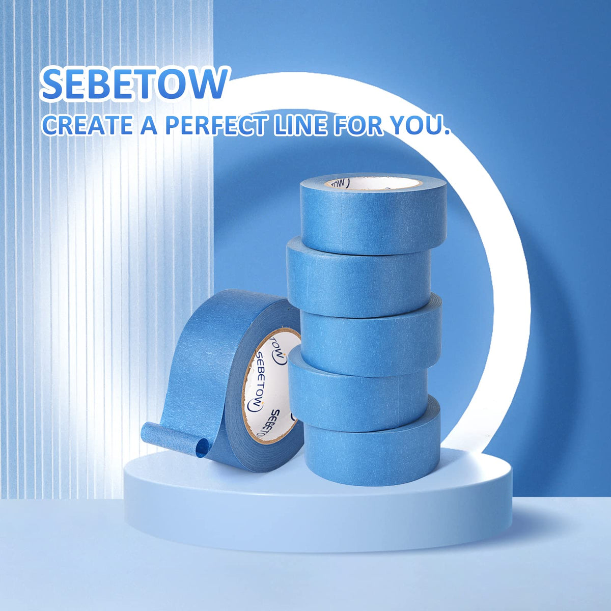 SEBETOW blue tape on wood, glass, and metal surfaces for masking.