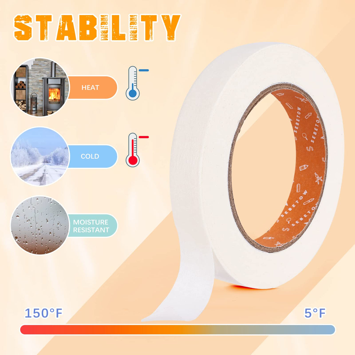 SEBETOW tape tear-by-hand feature supports quick setups without residue.