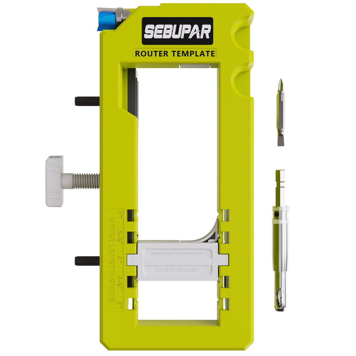 Sebupar door hinge jig on workbench for precise mortises.