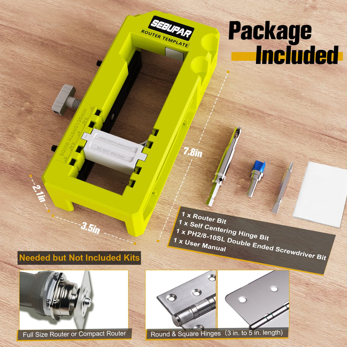 Sebupar door hinge mortiser kit ready for three-to-five inch hinges.