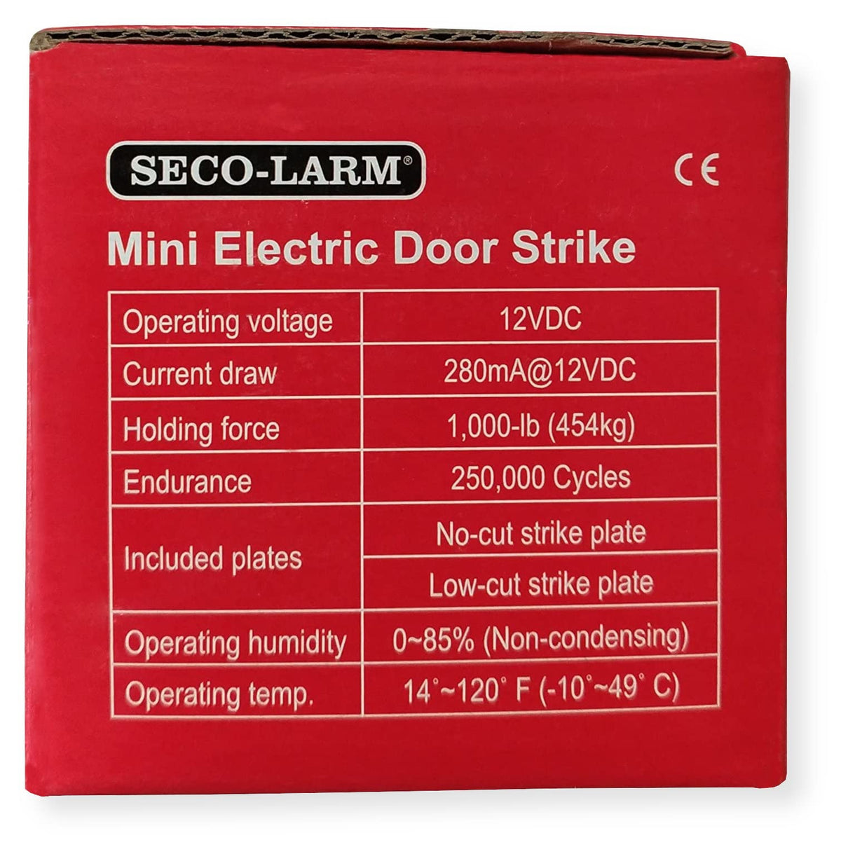 Seco-Larm Enforcer Mini No-Cut Strike installed on door shows reversible fit.