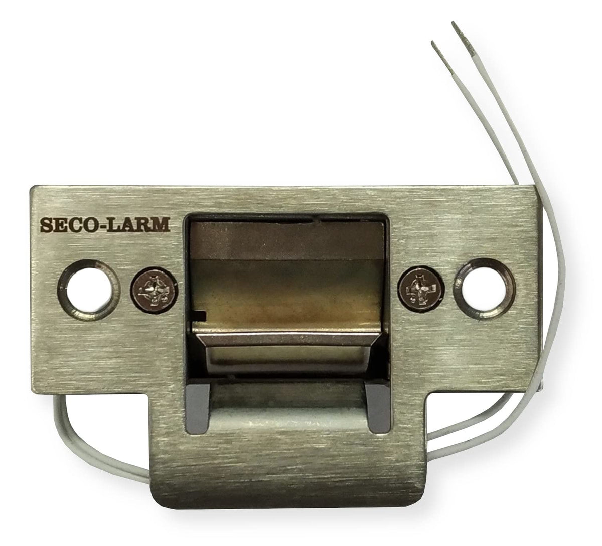Seco-Larm Enforcer Mini No-Cut Strike plate close-up showing stainless steel durability.
