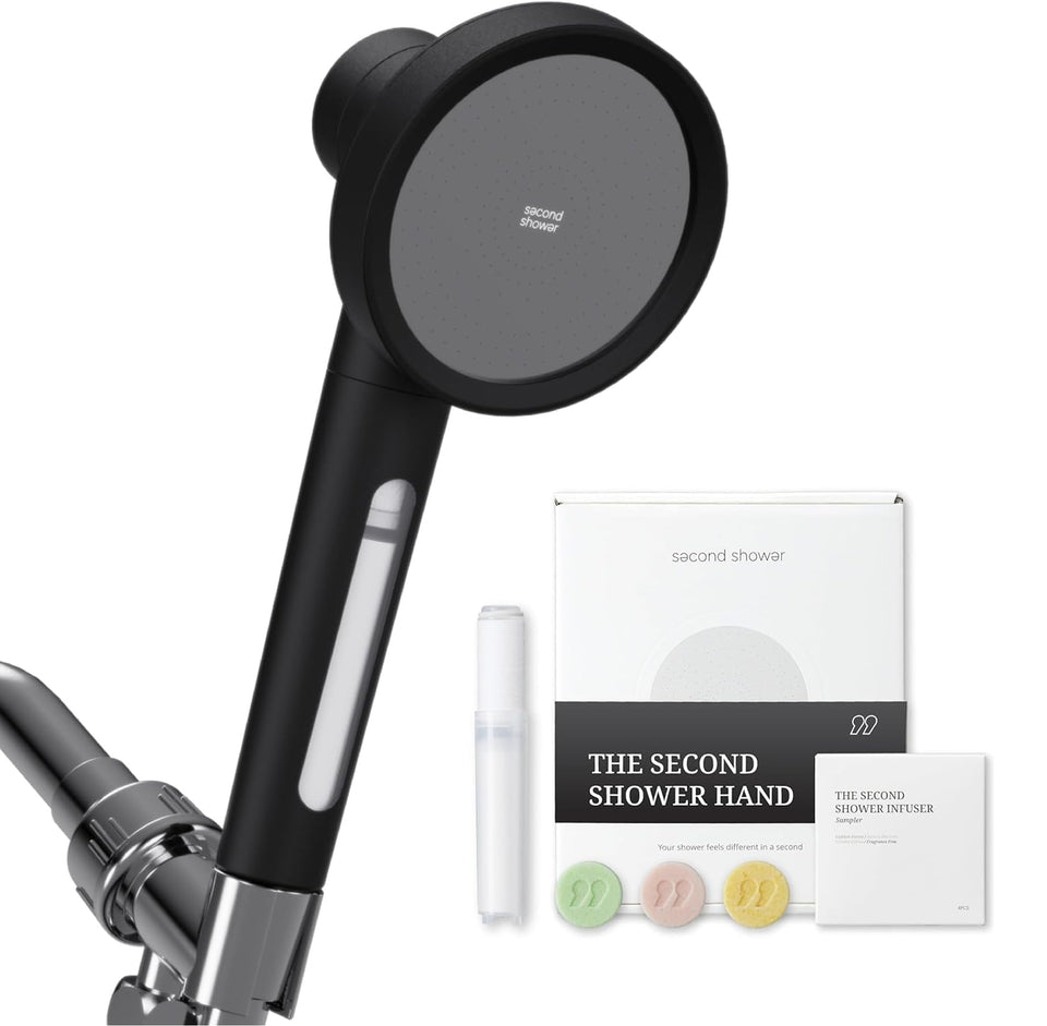 SecondShower filtered shower head in matte black for softer skin and hair.