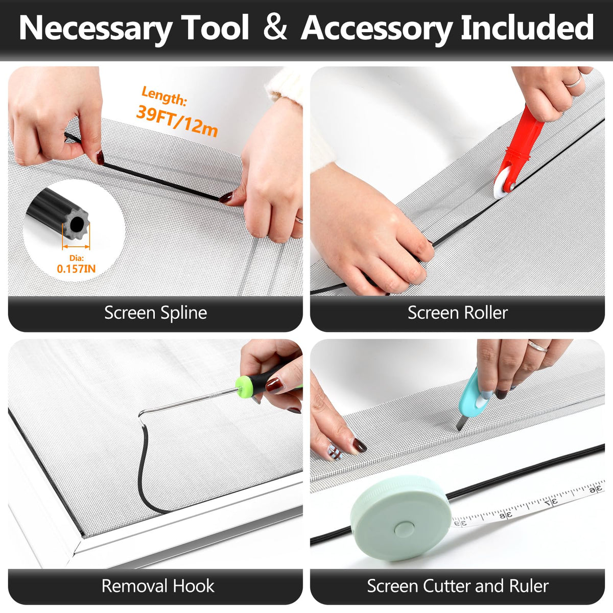 Included tools: spline and roller for smooth screen installation