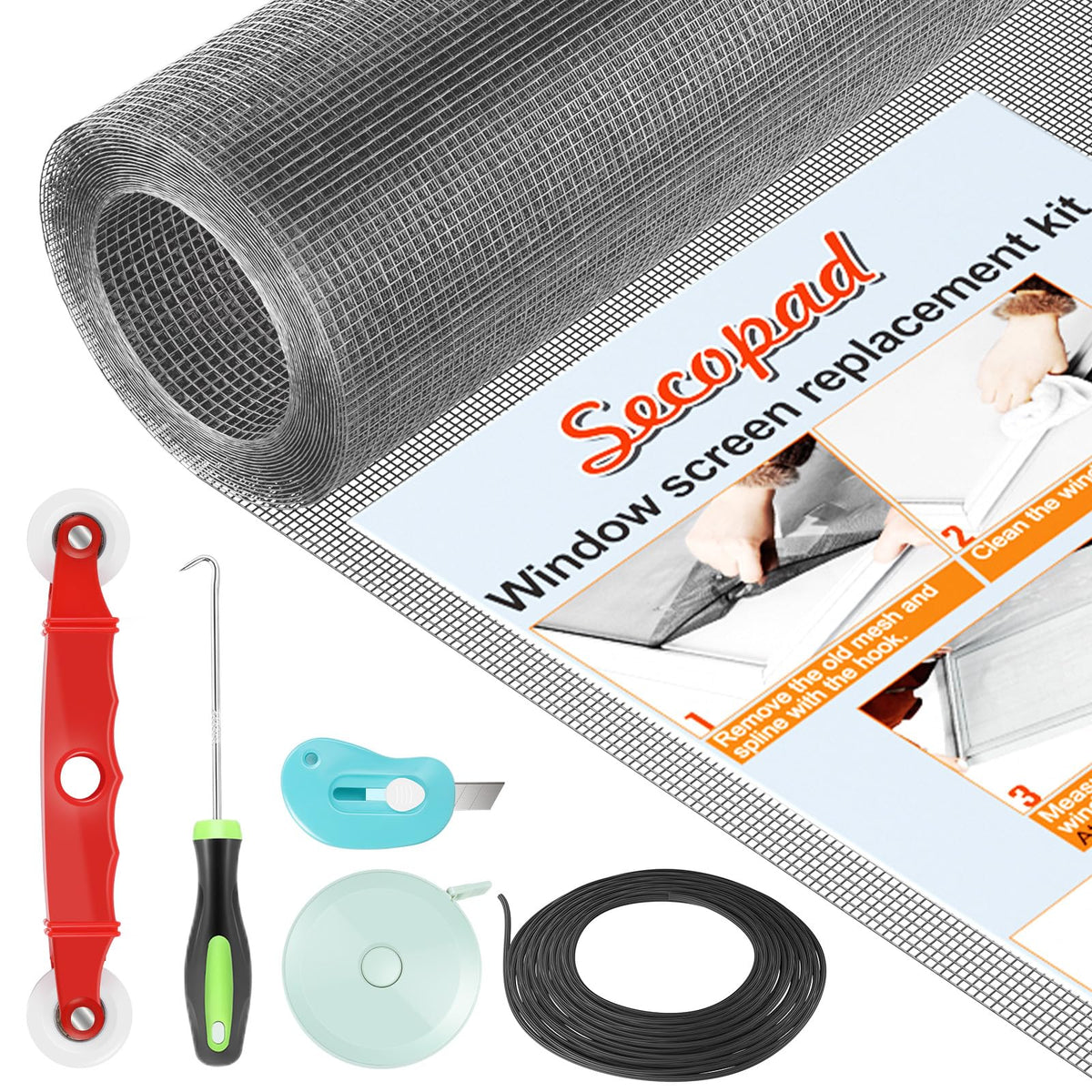 Secopad window screen kit with mesh roll shown for easy DIY replacement
