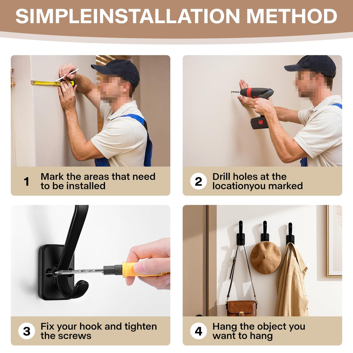 Secure mounting of SecretHard coat hooks with concealed screws