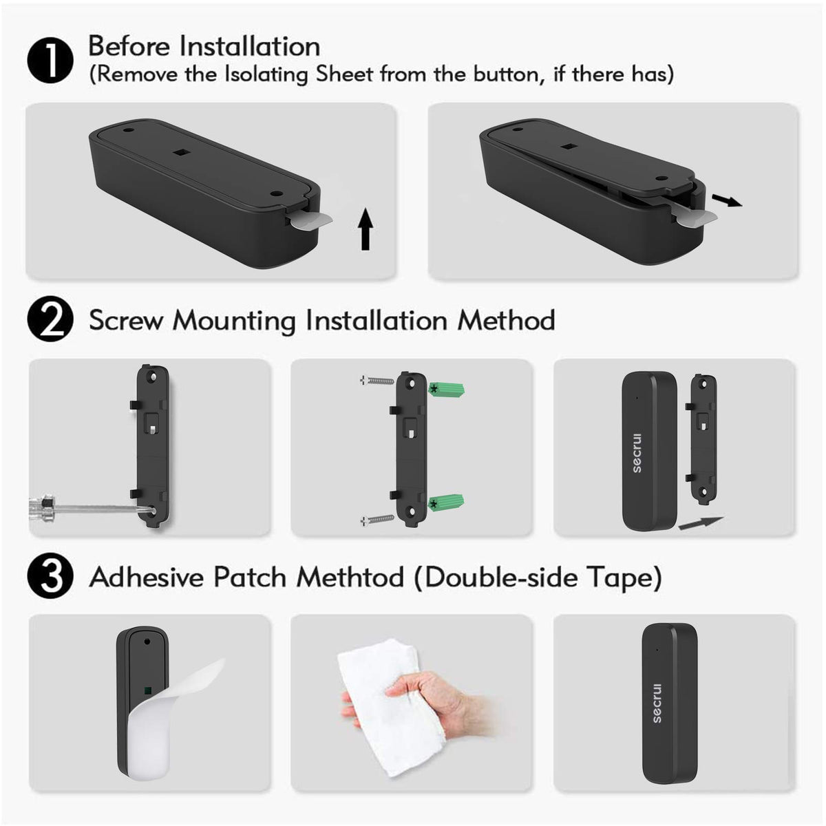 SECRUI mini door sensor size image emphasizes unobtrusive door alerts