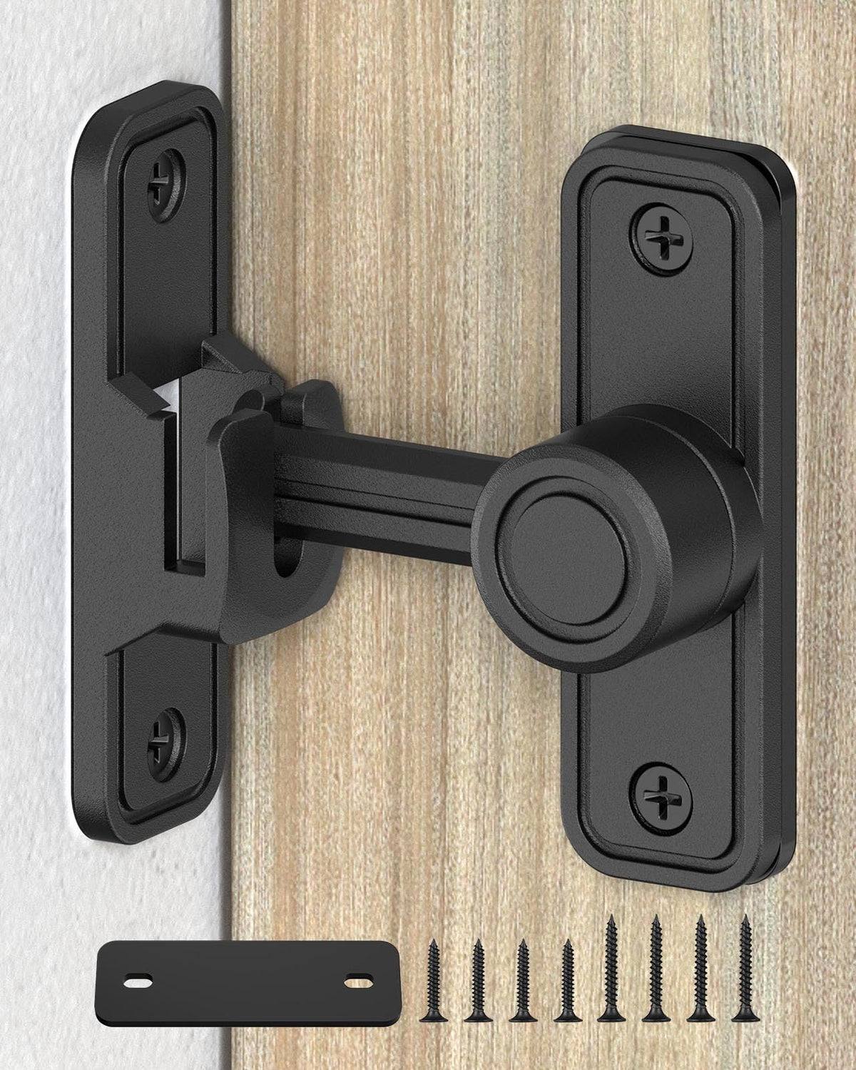SecureLatch heavy-duty barn door lock with 90-180 degree angle view for secure privacy.