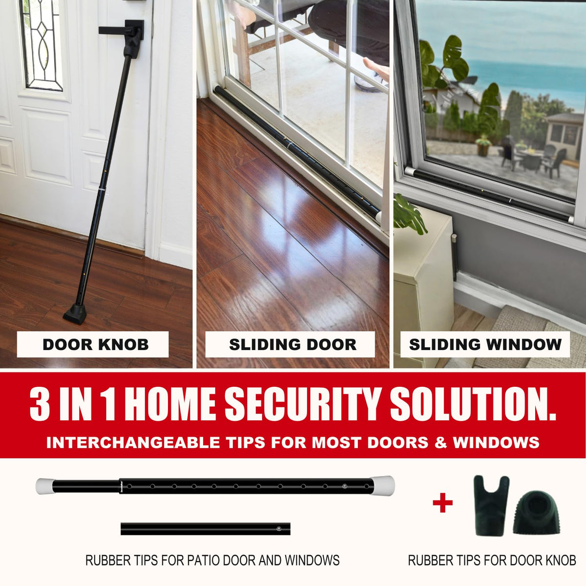 SecurityMan 3-in-1 sliding-cap door bar secures sliding doors while traveling.