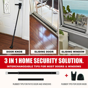 SecurityMan 3-in-1 sliding-cap door bar secures sliding doors while traveling.