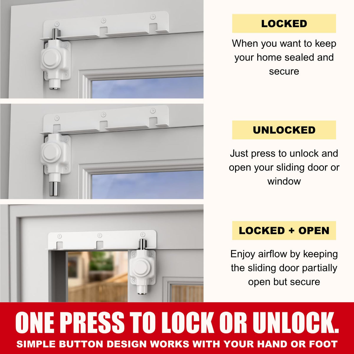 Securityman Sliding Door Lock vent opening at 2.69 inches enables safe airflow