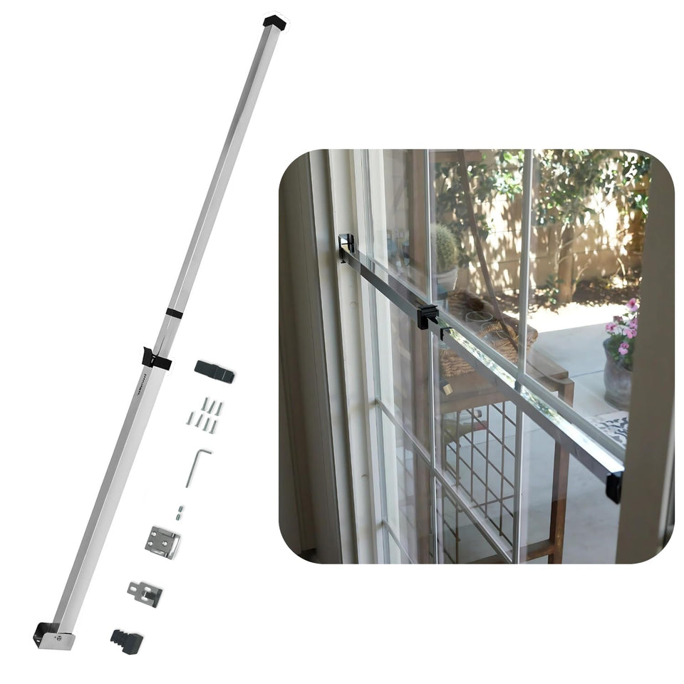 SecurityMan sliding door security bar extended to fit wide doors for sturdy protection.