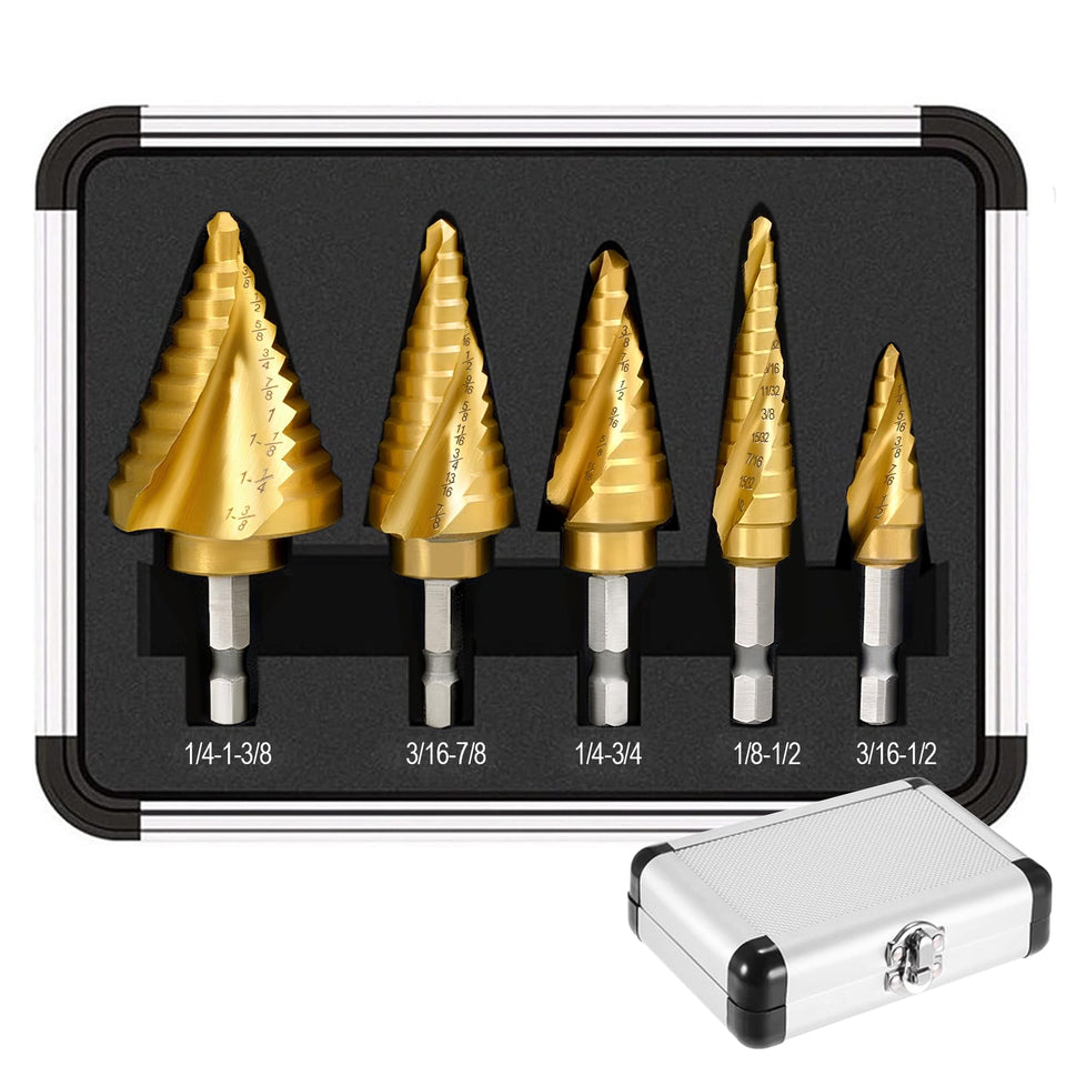 Sedianas 5-piece titanium step drill bits offer 50 sizes for versatile metal, plastic, and aluminum drilling.