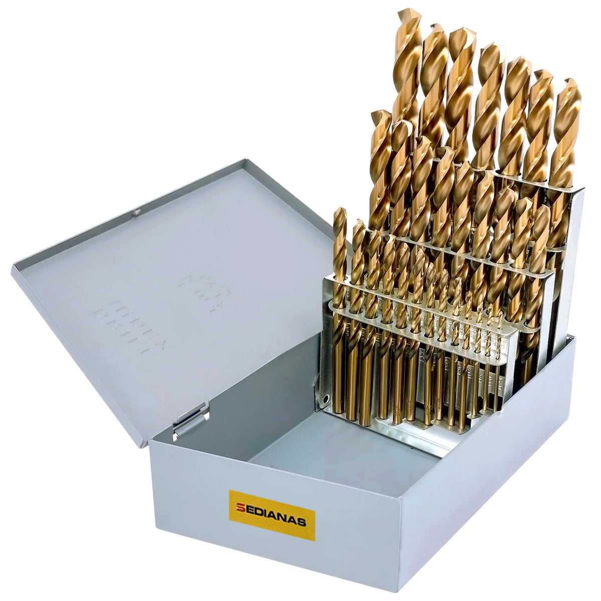 SEDIANAS cobalt drill bit set with 29 pieces for versatile metal and wood drilling.