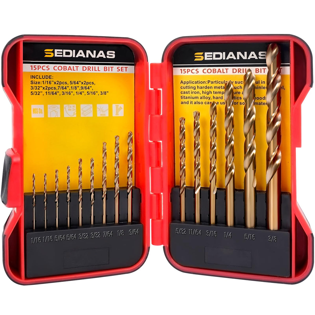 SEDIANAS cobalt drill set inside a compact box, organized for metal and wood projects.