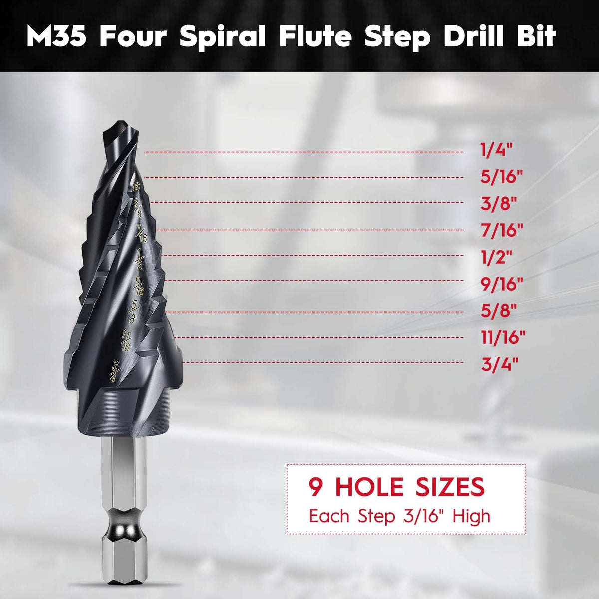 SEDIANAS cobalt M35 step drill bit featuring an 118° tip for self-centering starts holes accurately.
