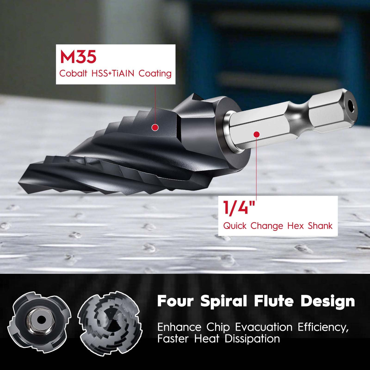 SEDIANAS cobalt M35 step drill bit with 4-spiral flute speeds drilling and evacuates chips.
