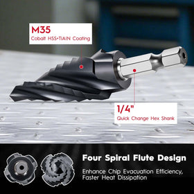 SEDIANAS cobalt M35 step drill bit with 4-spiral flute speeds drilling and evacuates chips.