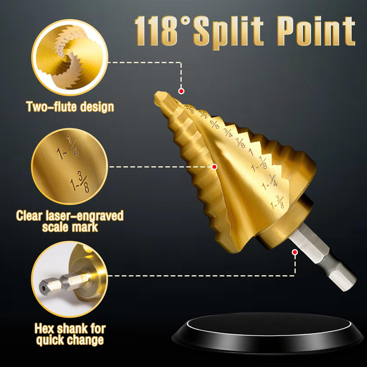 Sedianas HSS step drill with titanium coating improves durability and long-life performance.