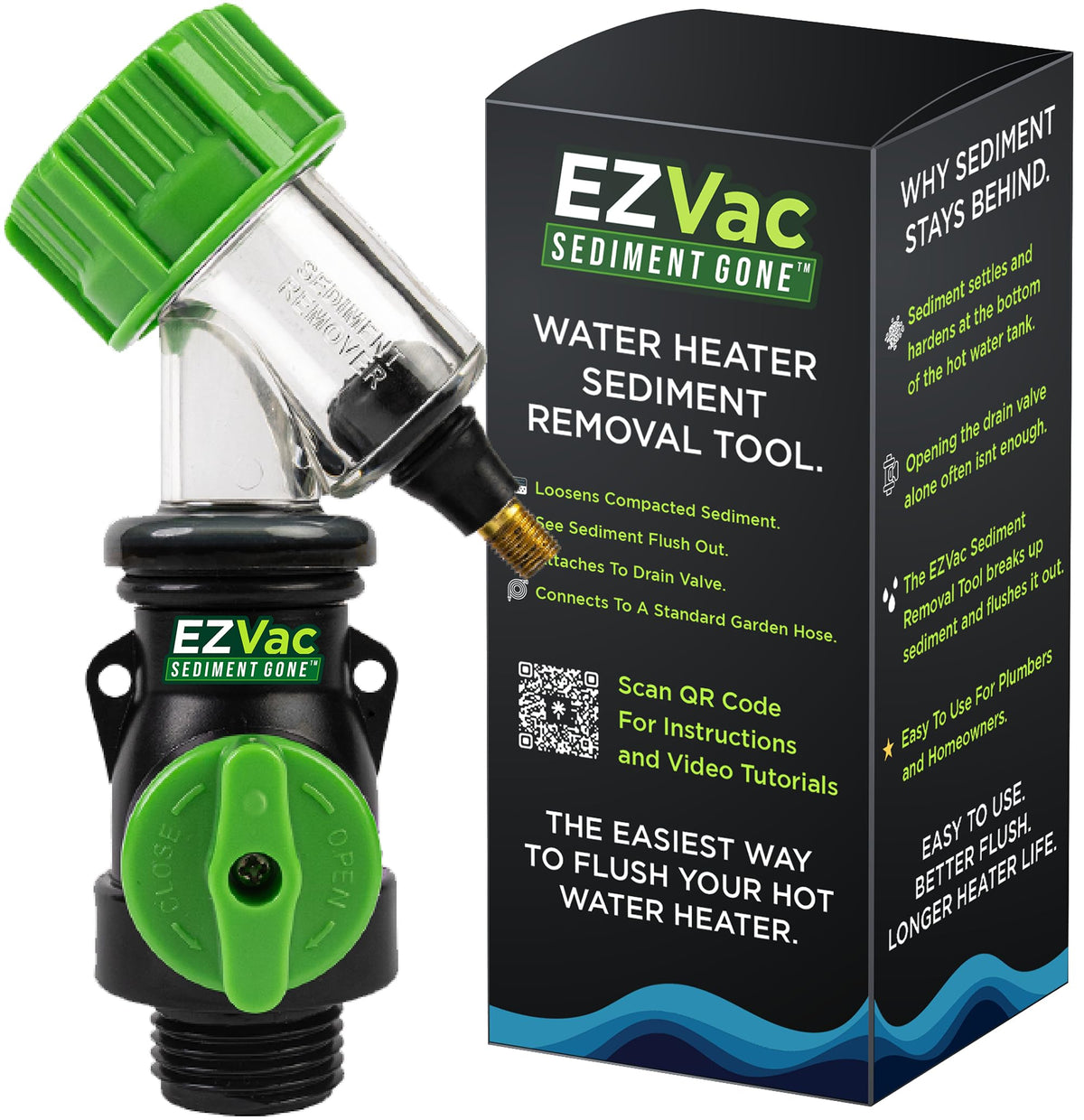 Sediment Gone EZVac drain-valve connection enables controlled flush.