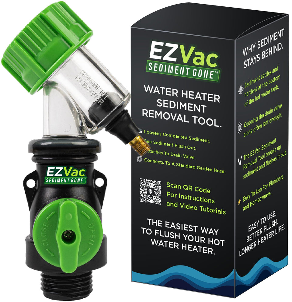 Sediment Gone EZVac drain-valve connection enables controlled flush.