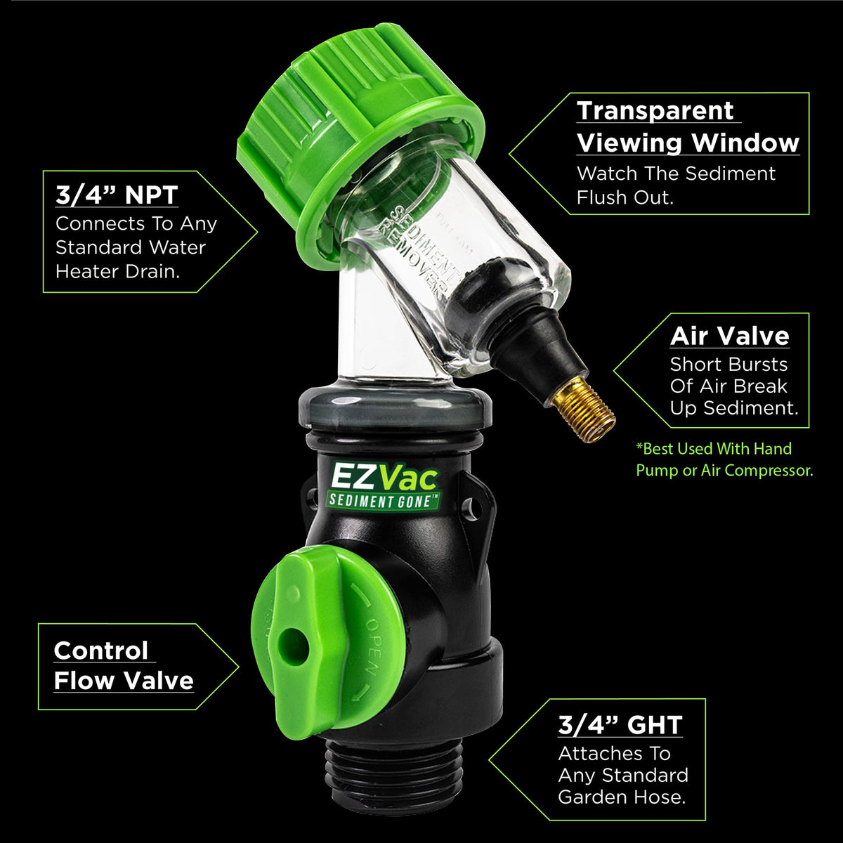 Sediment Gone EZVac fluid-flow-during-flush demonstrates debris removal in real time.