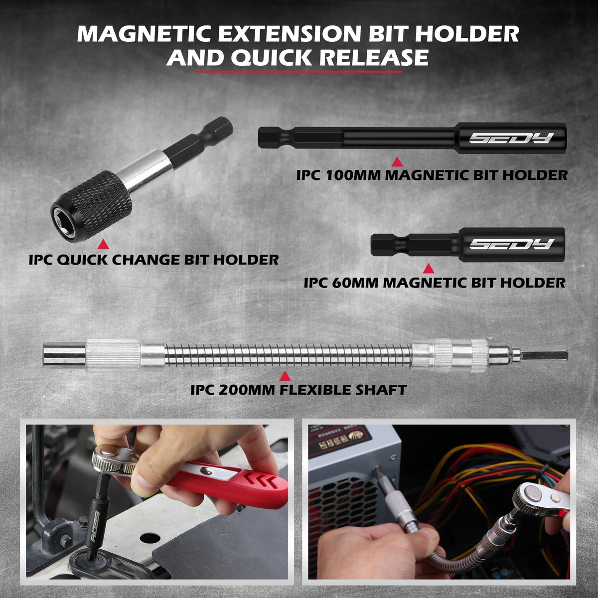 SEDY 1/4 magnetic extension enables reach for easy screw driving.