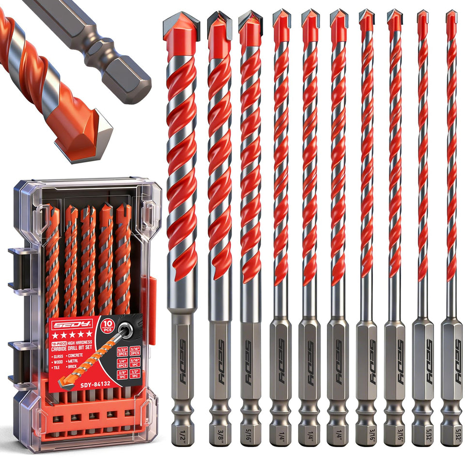 SEDY 10-piece masonry drill bit set with hex shank for fast, clean holes in concrete.