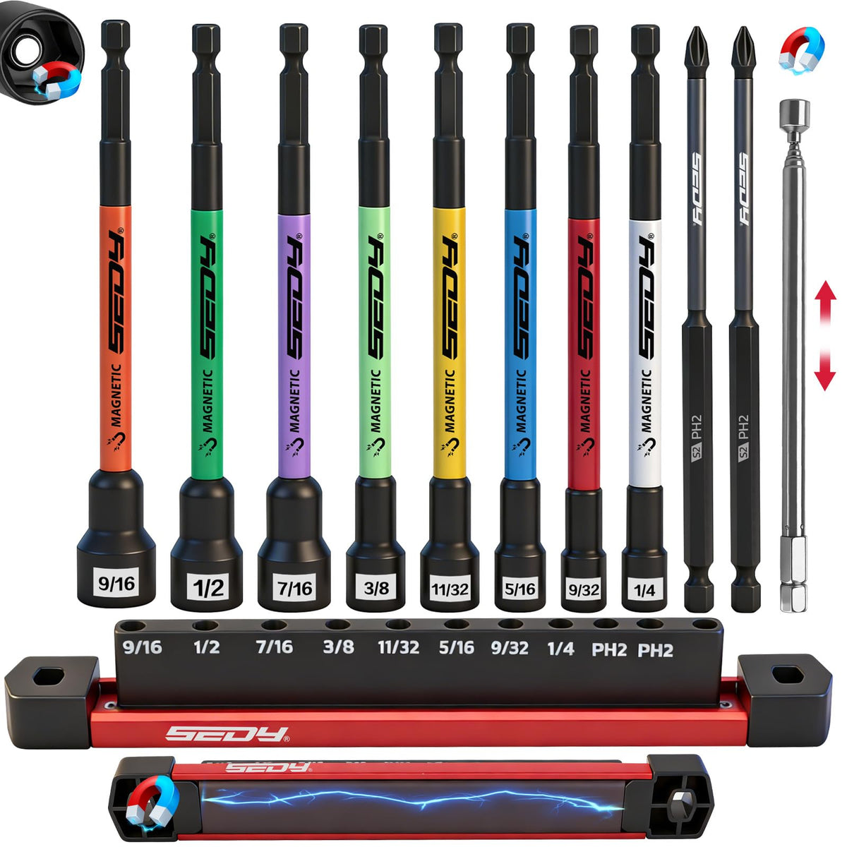 SEDY 11-piece magnetic extra-long nut driver set showing 6-inch reach for recessed fasteners