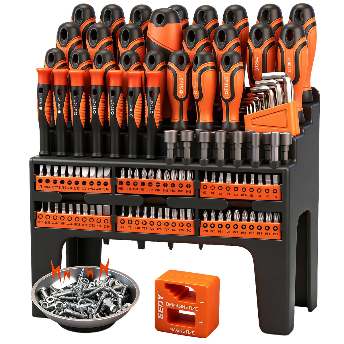 SEDY 124-piece magnetic screwdriver set on rack enhances workshop organization and accessibility.