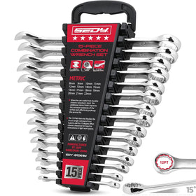 SEDY 15-piece metric wrench set organized on a rack for quick access.