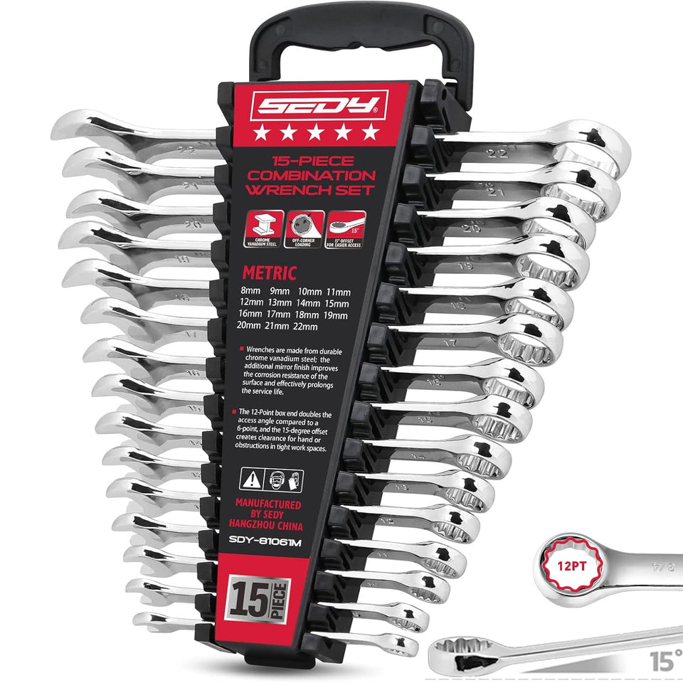 SEDY 15-piece metric wrench set organized on a rack for quick access.