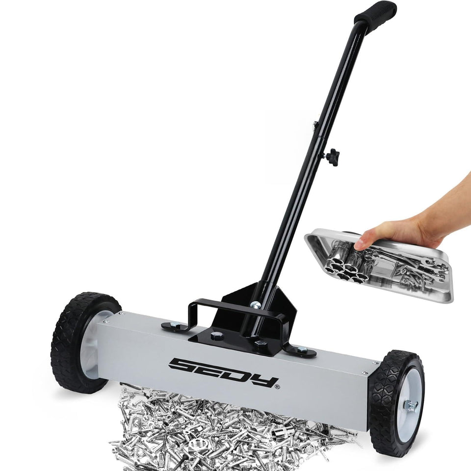 SEDY 18-inch rolling magnetic sweeper base captures metal debris across surfaces.