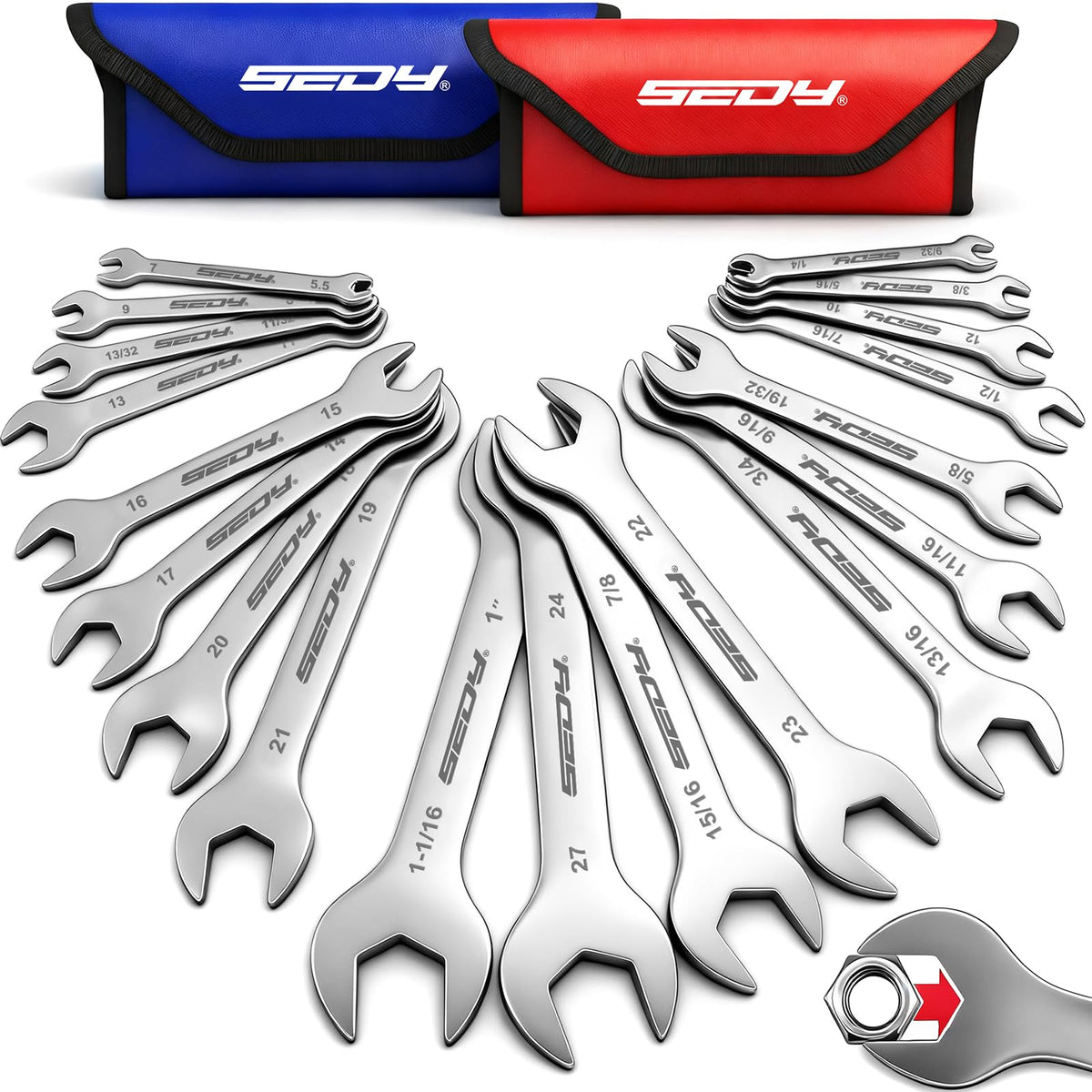SEDY 19-piece set with super-thin wrenches offers broad reach in tight spaces.