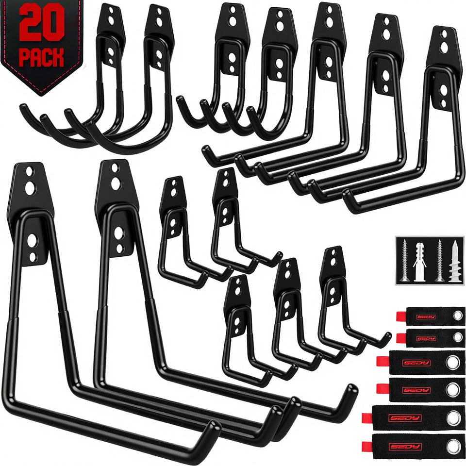 SEDY 20-pack garage hooks wall mount for tidy tool storage and easy access.