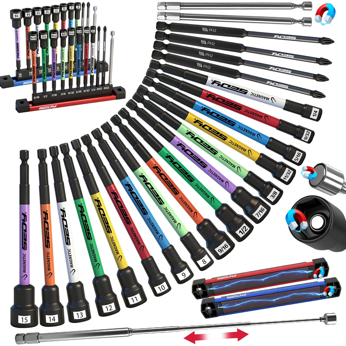 SEDY 22-piece magnetic extra-long nut driver set with 6-inch reach for deep fasteners
