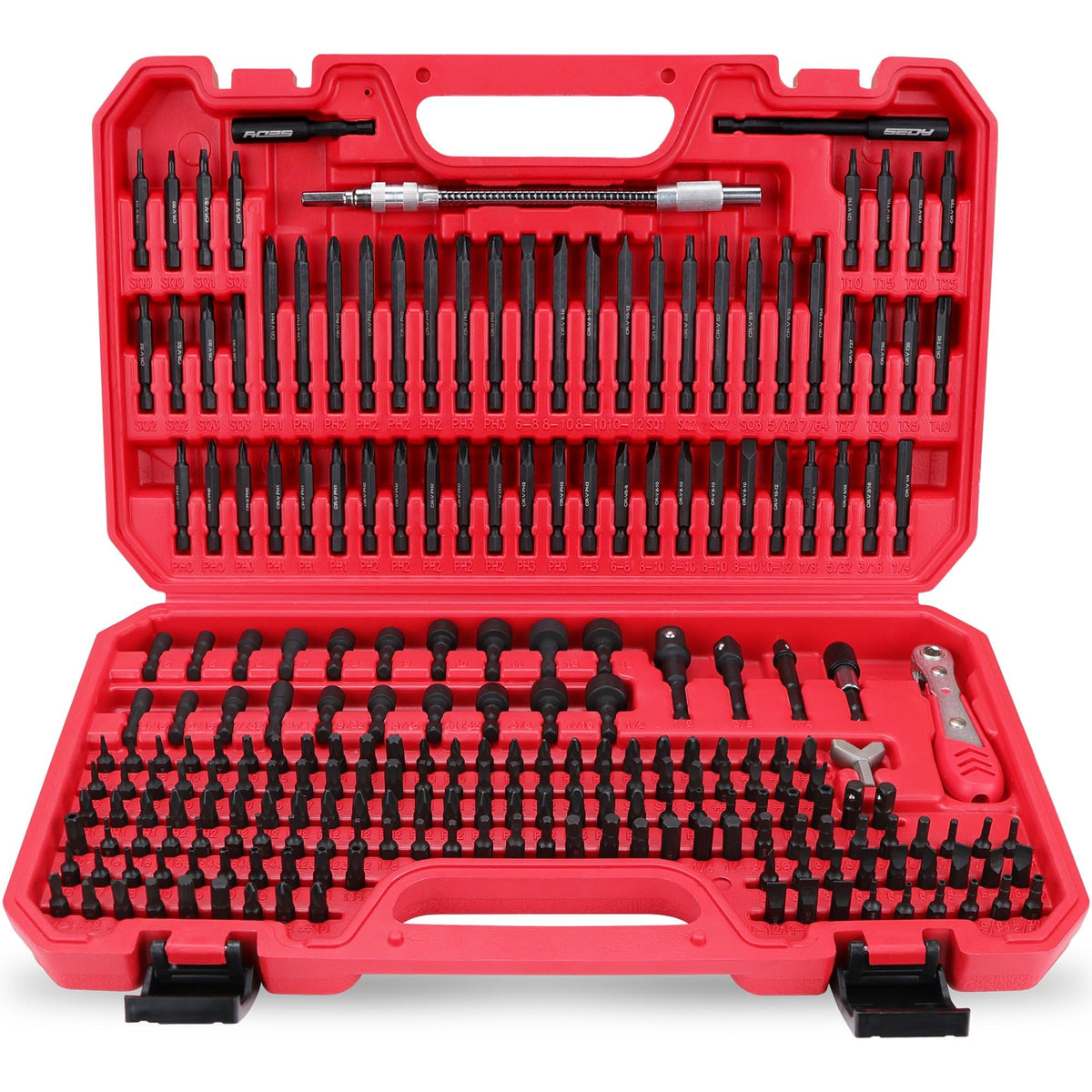 SEDY 232-piece bit set in a sturdy case for quick tool access.