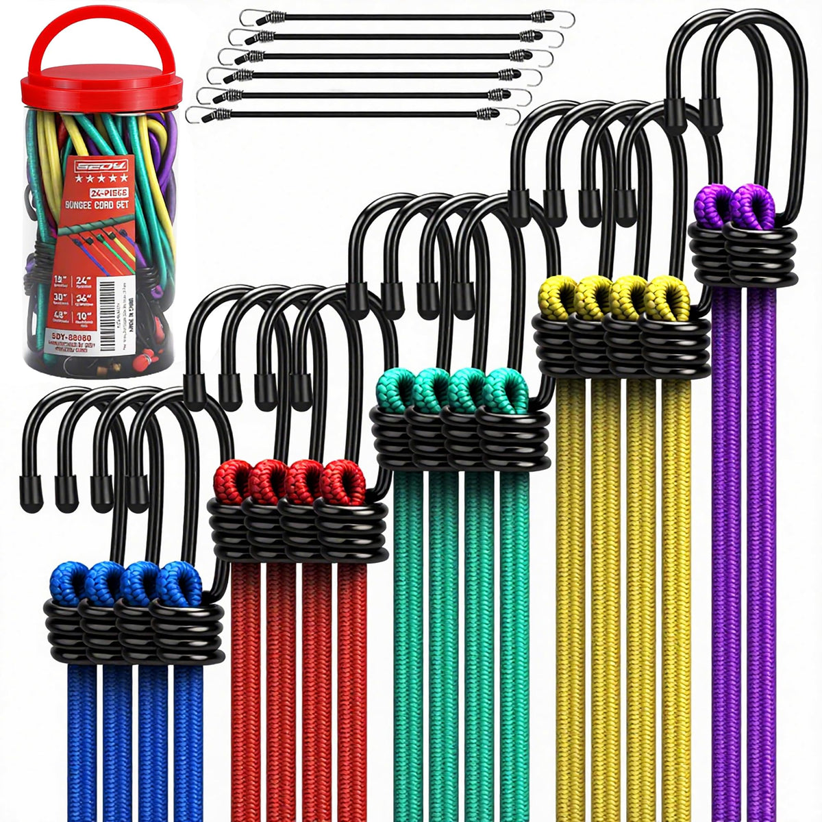 SEDY 24-piece bungee cord set in a clear jar for easy organization