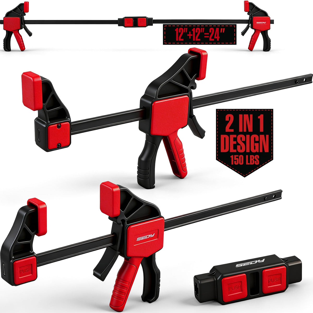 SEDY 3-piece 12-inch bar clamps with trigger for easy one-handed tightening.