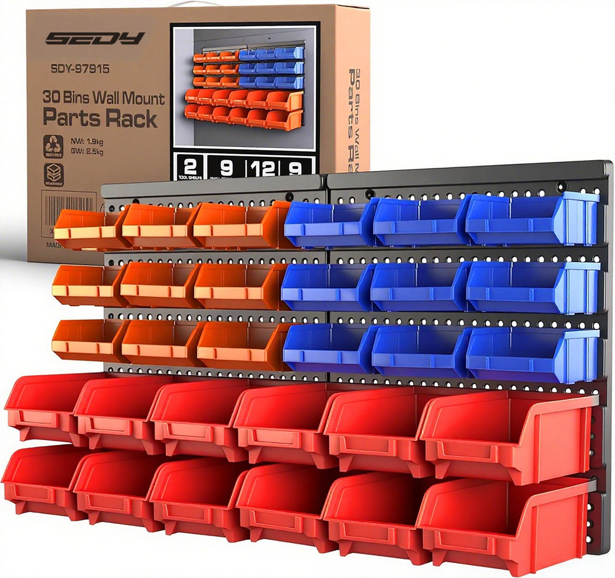 SEDY 30-bin wall mounted rack full view for organized hardware storage