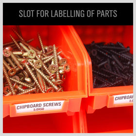 Large red bins hold bigger fasteners within the 30 bin system