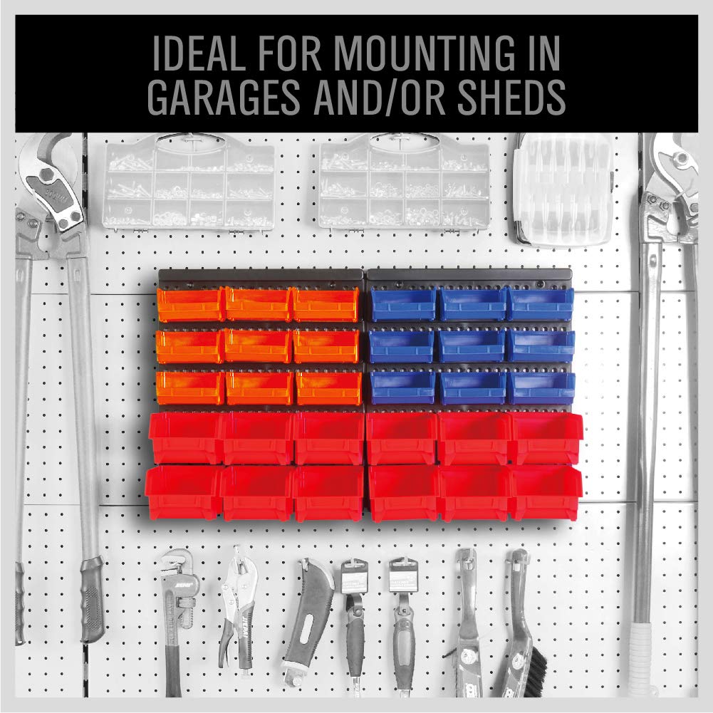 Small orange blue bins keep tiny parts neatly organized and visible